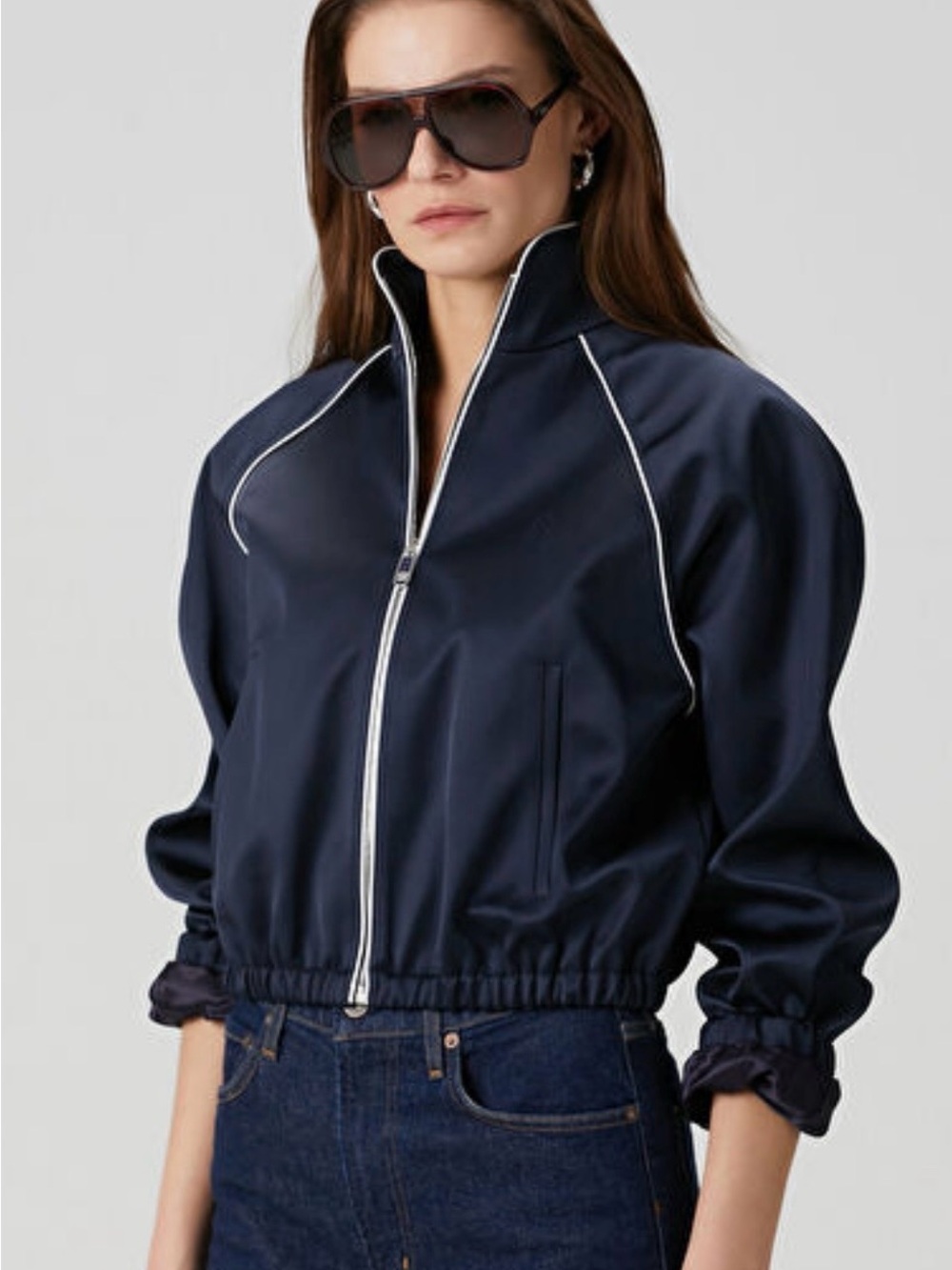 Sandro listWomen's Navy Bomber Jacket with White Piping